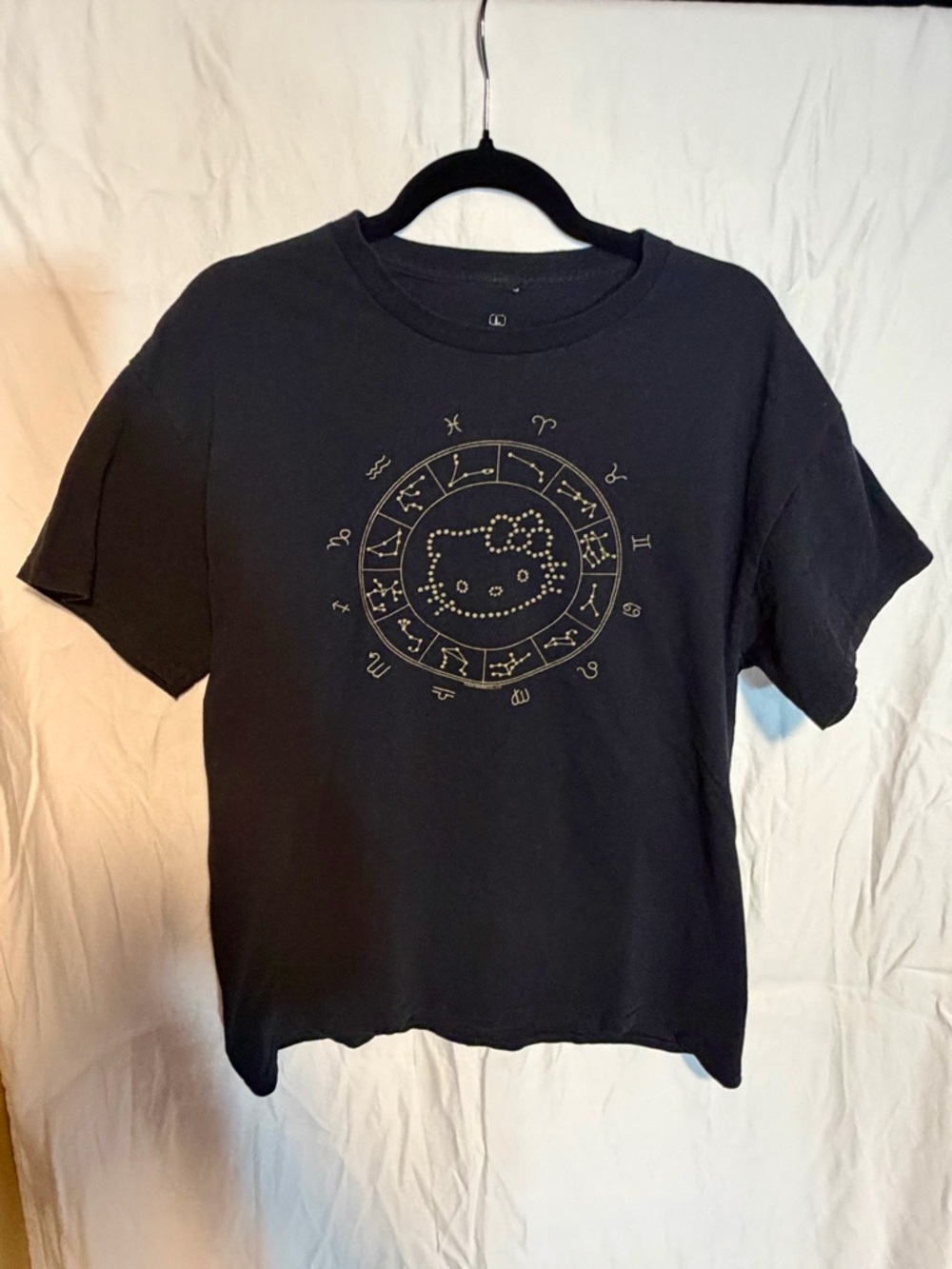 Hello Kitty Adult Black Tee with Gold Zodiac Horoscope Graphic